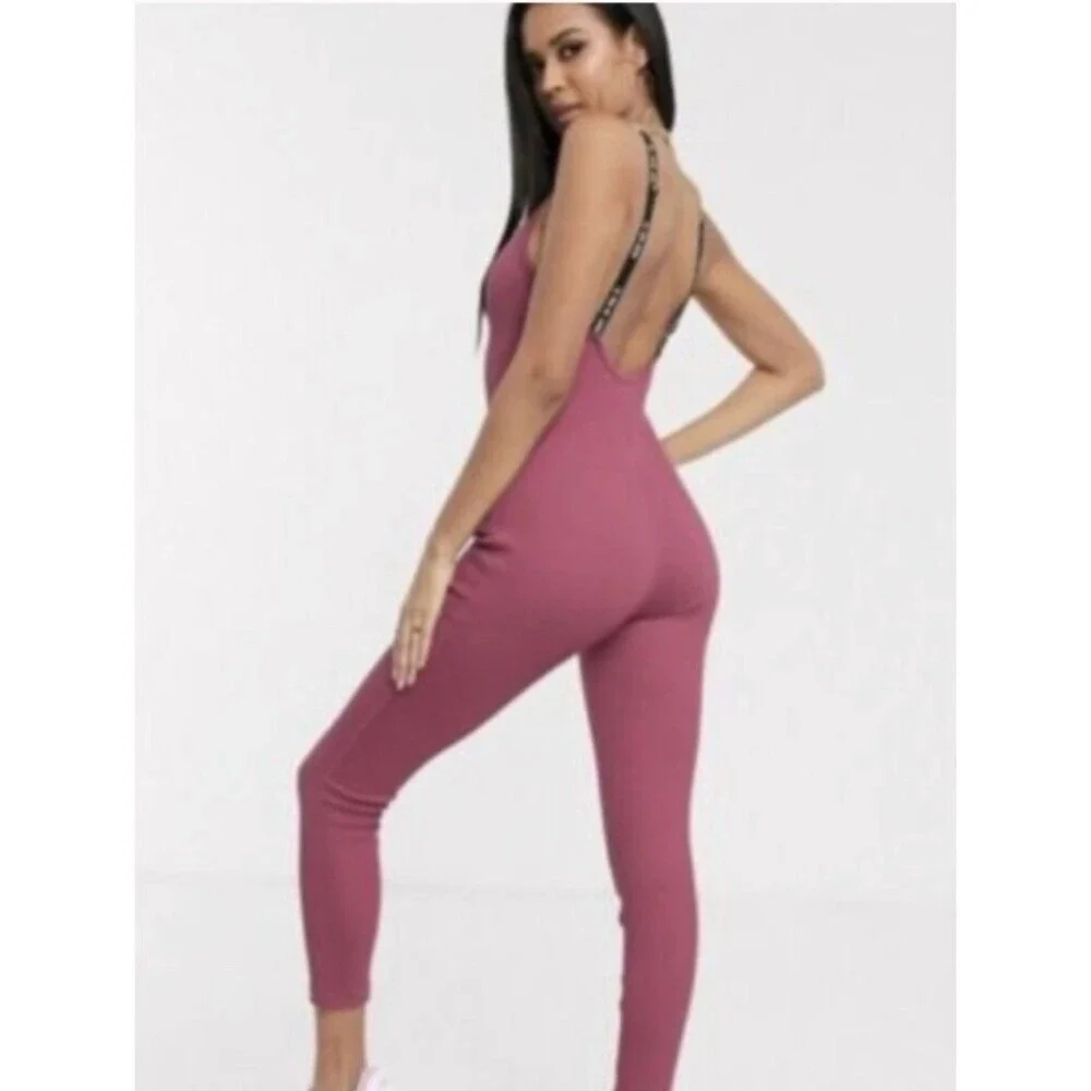 Nike JDI Plunge Back Ribbed Jumpsuit • Pink • Size Medium